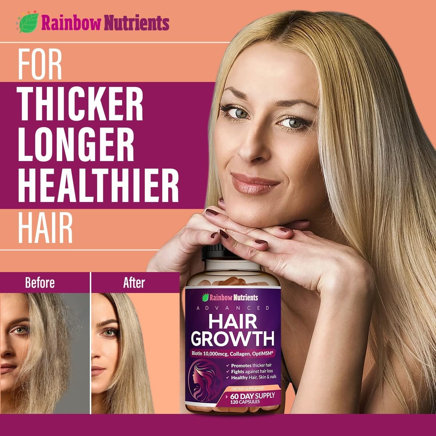 Rainbow Nutrients Advanced Hair Growth-Hair,Skin & Nail Health – Biotin,Collagen