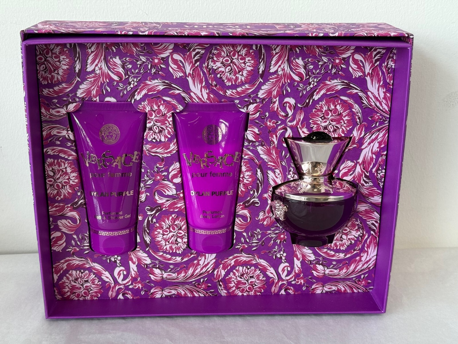 DYLAN PURPLE by VERSACE |Women’s 3 Pc Gift Set: 1.7 Oz.EDP+1.7 B.Lotion+S.Gel