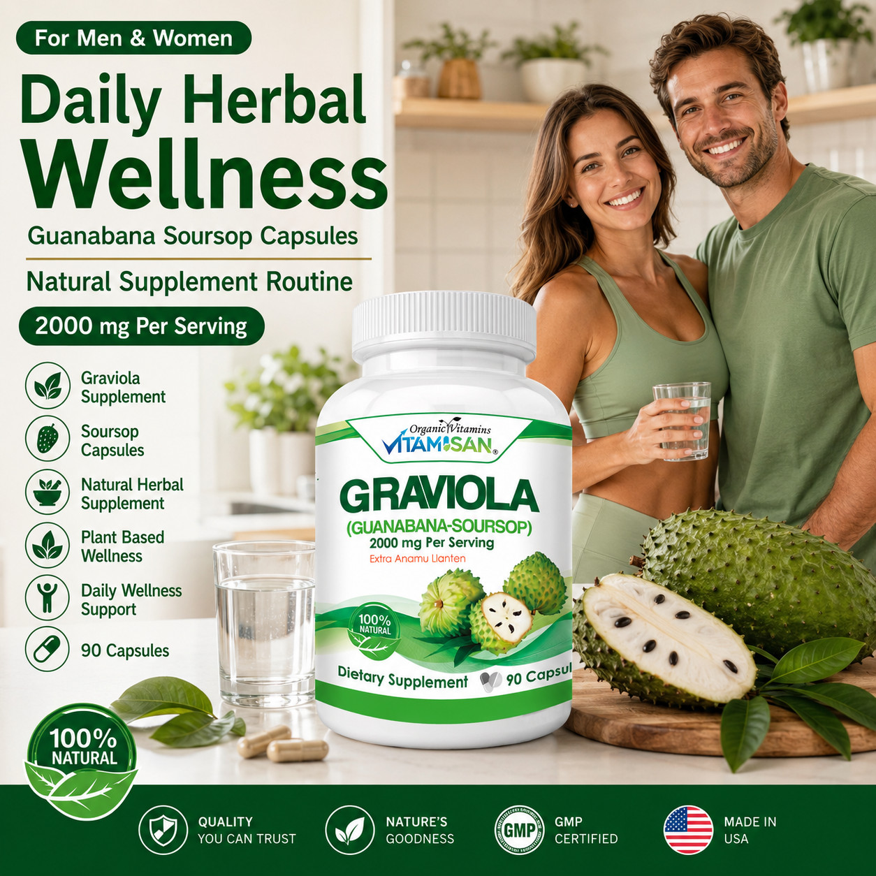 GRAVIOLA SOURSOP 2000 MG 3 BOTTLES PURE PER SERVING BOOSTER 270 CAPSULES ANNONA