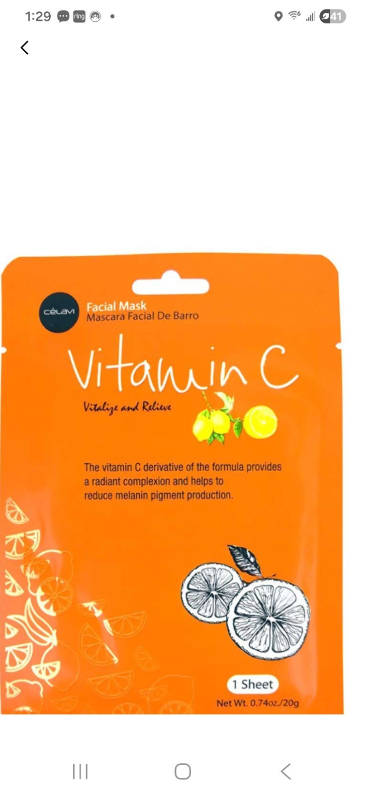 CELAVI Vitamin C Facial Mask Sheet, Citrus Scent, Brightening Radiant, 0.74 oz