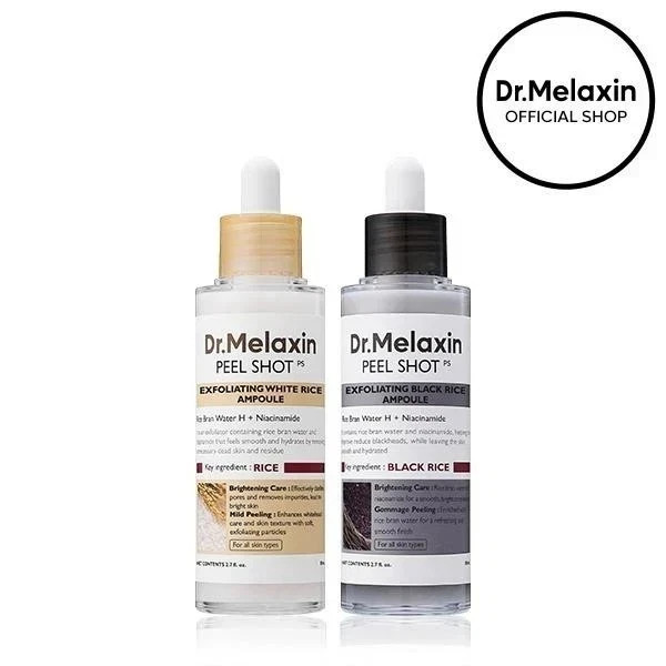Dr.Melaxin Black & White Rice Peel Shot Ampoule, Gentle Acid Exfoliating Duo