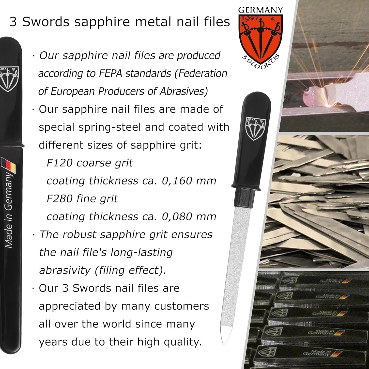 3 Swords Germany Double-Sided Sapphire Metal Pocket Nail File – Made in Solingen