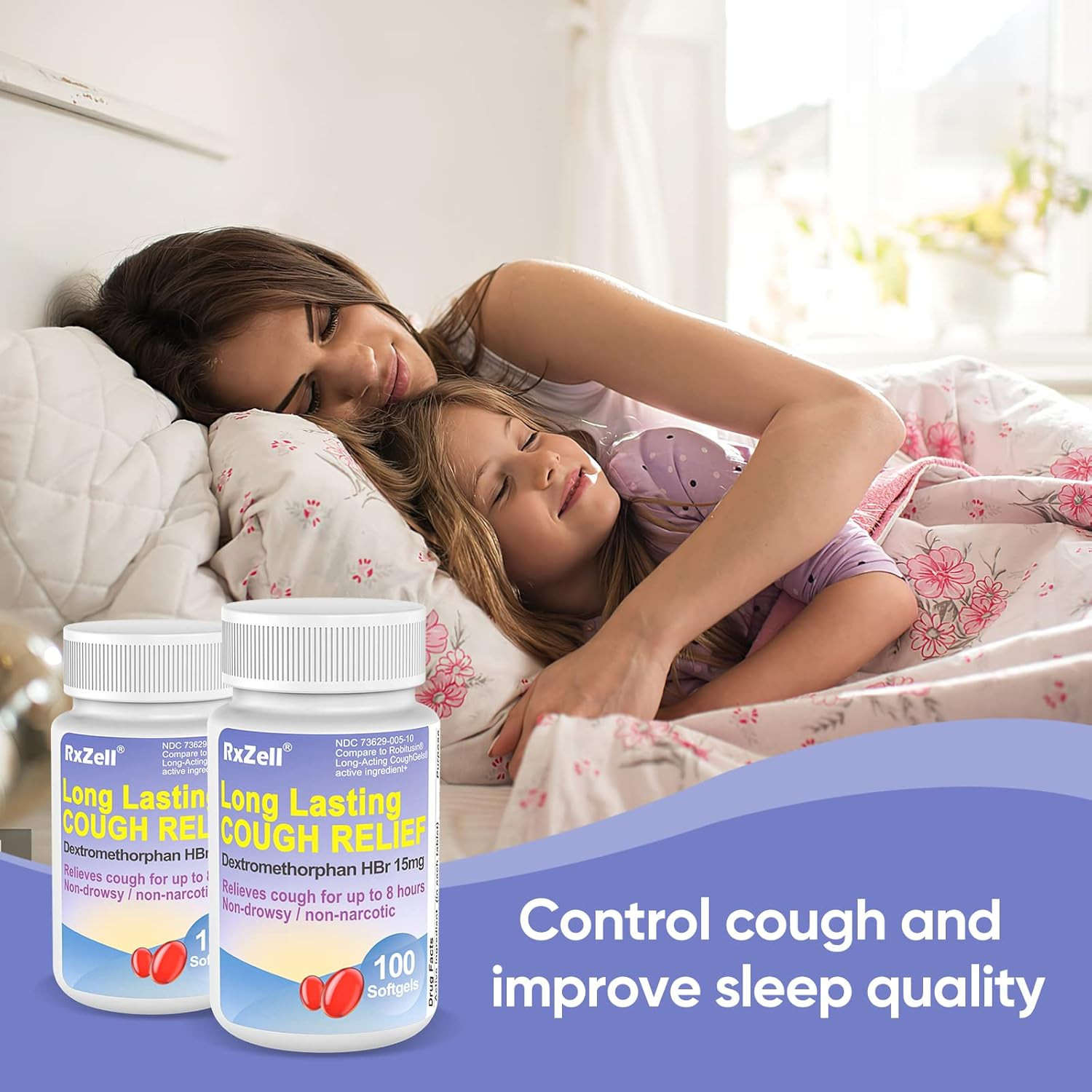 RXZELL Adult Cough Relief, Dextromethorphan Hbr 15Mg (100 Softgels), 8 Hour Long