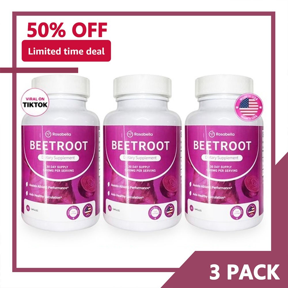 3Pack Rosabella Organic Beet Root 60 Capsules Natural Energy-Boost Blood Pressur
