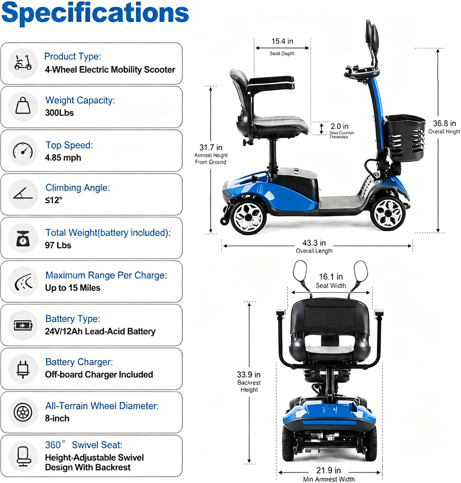 Lightweight 4-Wheel All Terrain Foldable Electric Mobility Scooter for All Ages
