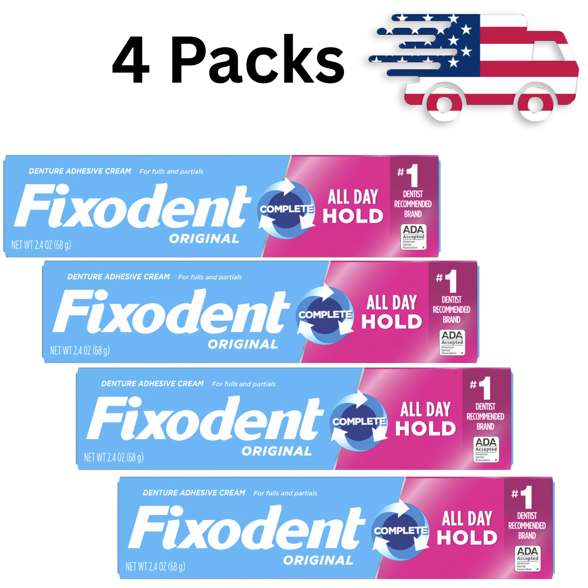 Pack of 4 Fixodent Complete Original Denture Adhesive Cream, All Day Hold 2.4 oz