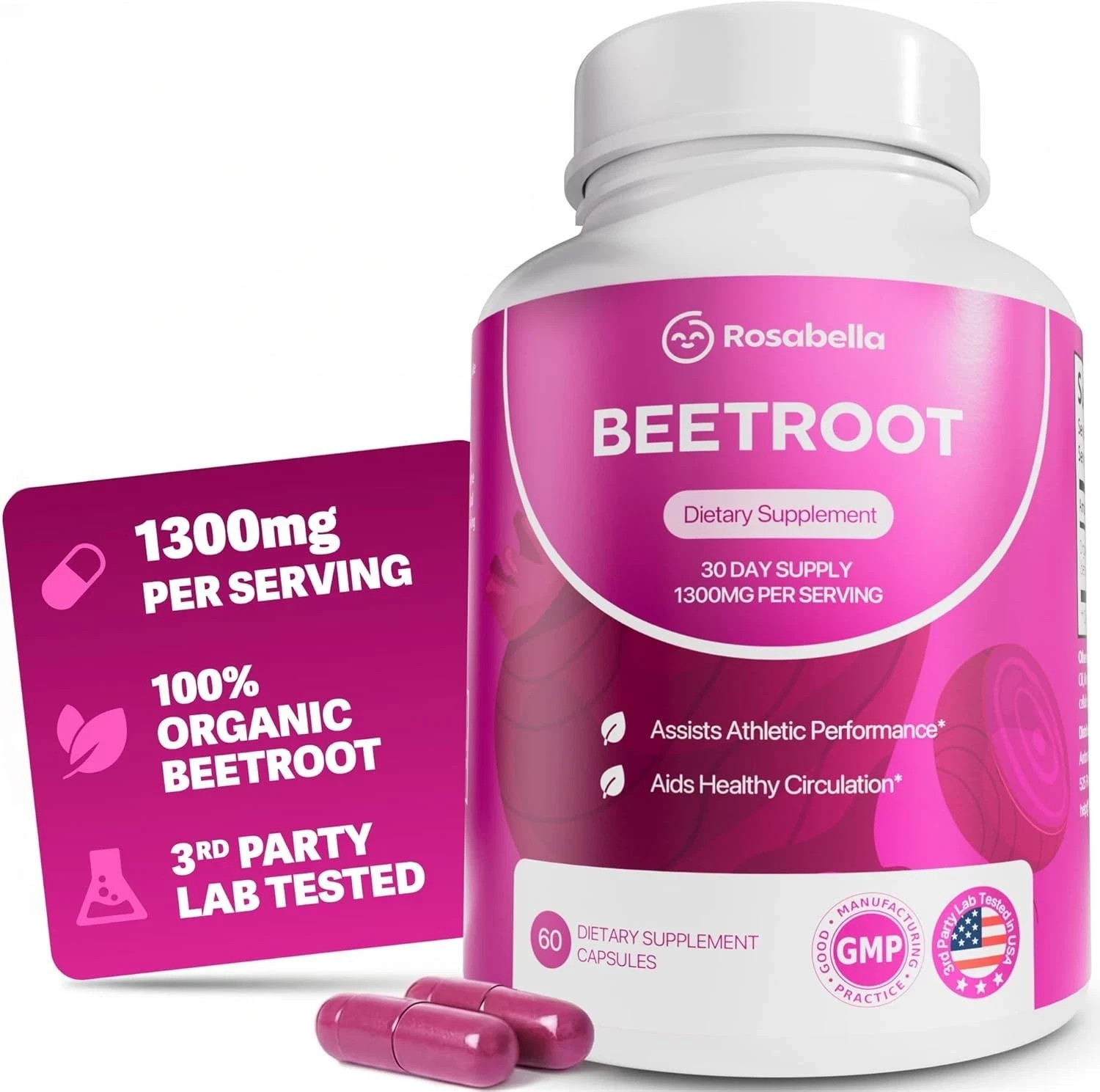 60ct Rosabella Organic Beetroot 1300mg Capsules Circulation And Blood Pressure