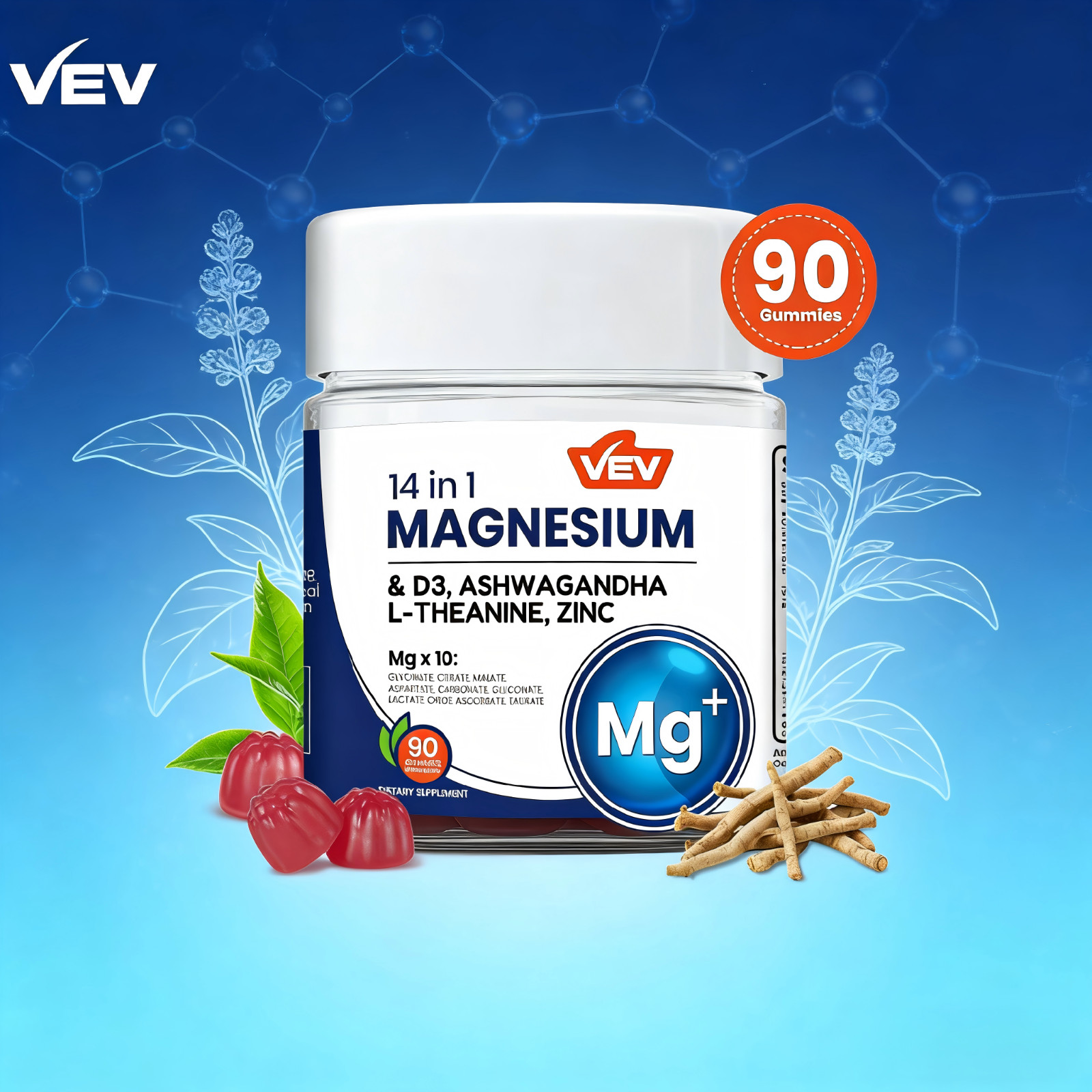 Magnesium with – Gummies L-Theanine, Ashwagandha, Vitamin D3 & Zinc VEV 14-in-1