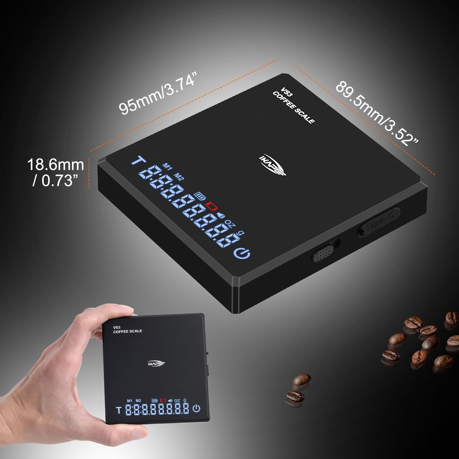IKAPE Digital Mini Coffee Scale with Timer, 2kg/0.1g High Precision Black