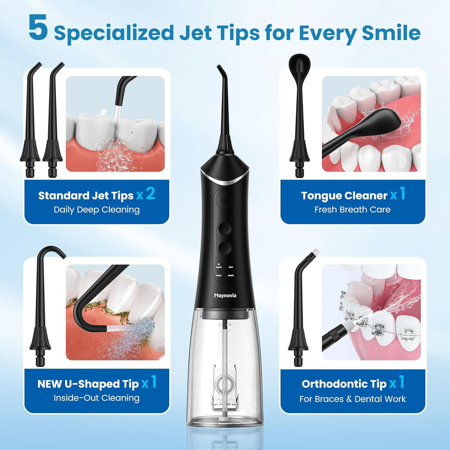 Water Flosser for Teeth, Cordless Water Pick Oral Irrigator with U-Shaped Tip, 1