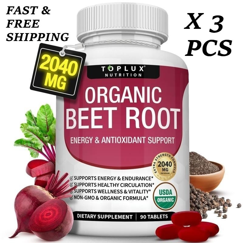3PCS -TopLux Organic Beet Root 2040mg–90Tablets–Energy,Circulation&Antioxidant