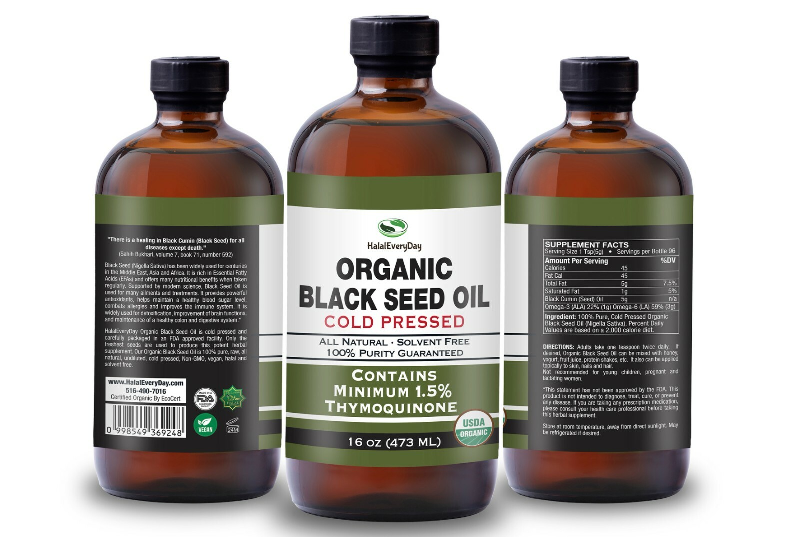 Black Seed Oil – 100% Pure USDA Organic Cold Pressed Cumin Nigella Sativa 3 PACK