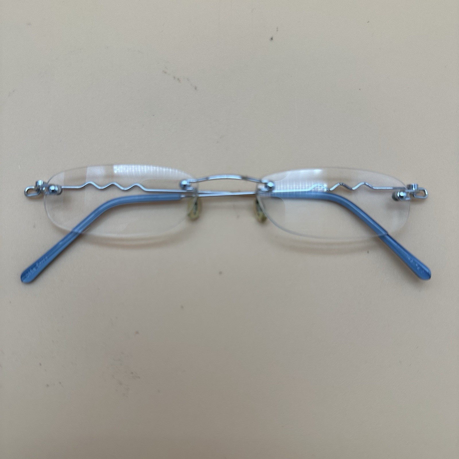 Rimless Silver Metal Eyeglass Frames Blue Temple Tips Unisex Adults Pre-Owned