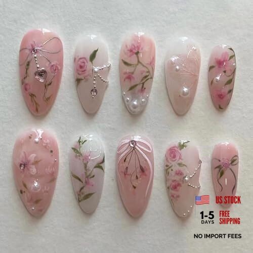 24 Pcs Pink Flower Press on Nails Medium Almond Fake Nails with 3D Pearl 3D-4