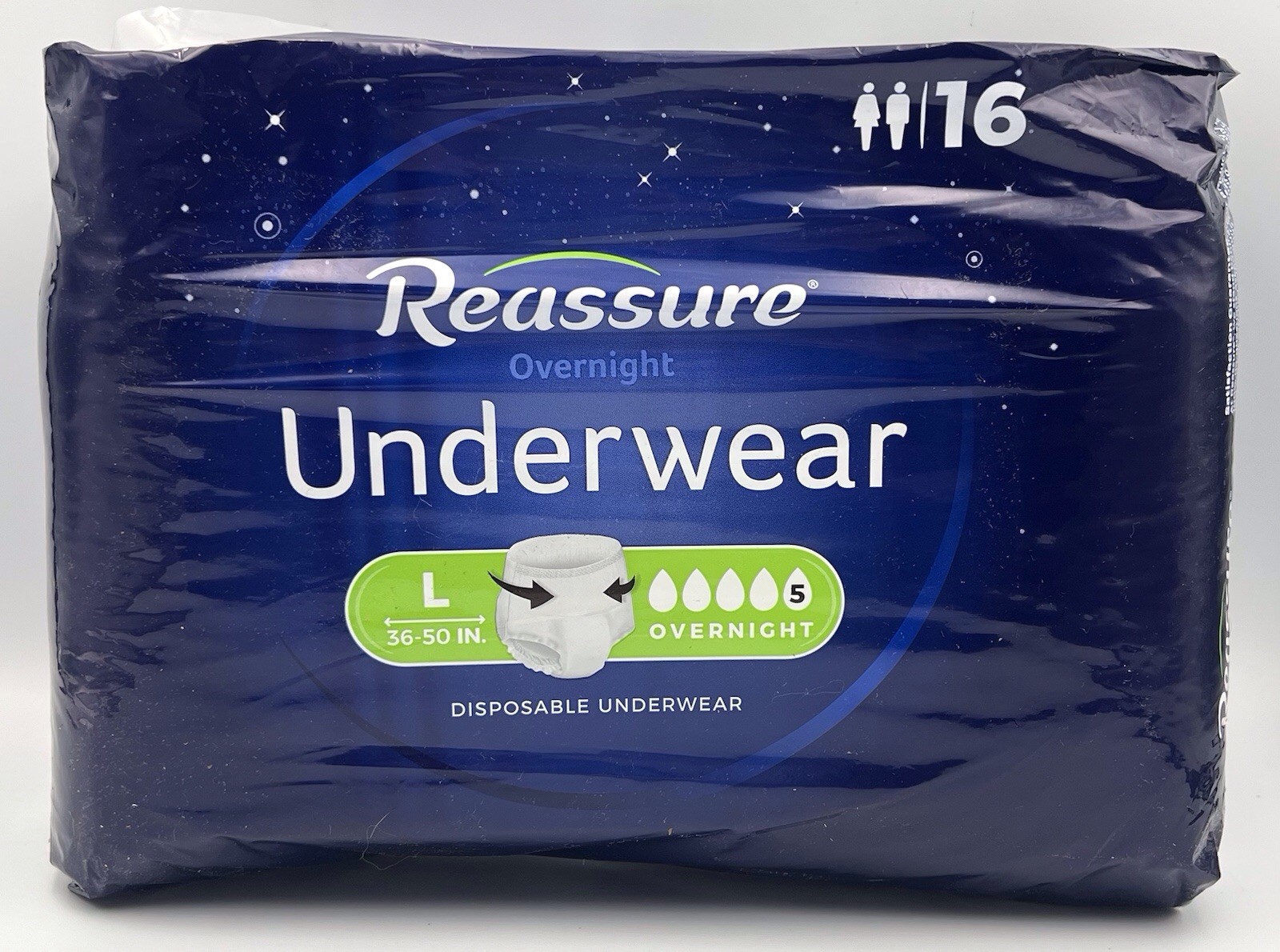 Reassure Unisex Adult Overnight Underwear Size L 36”-50” ~ 16 Count