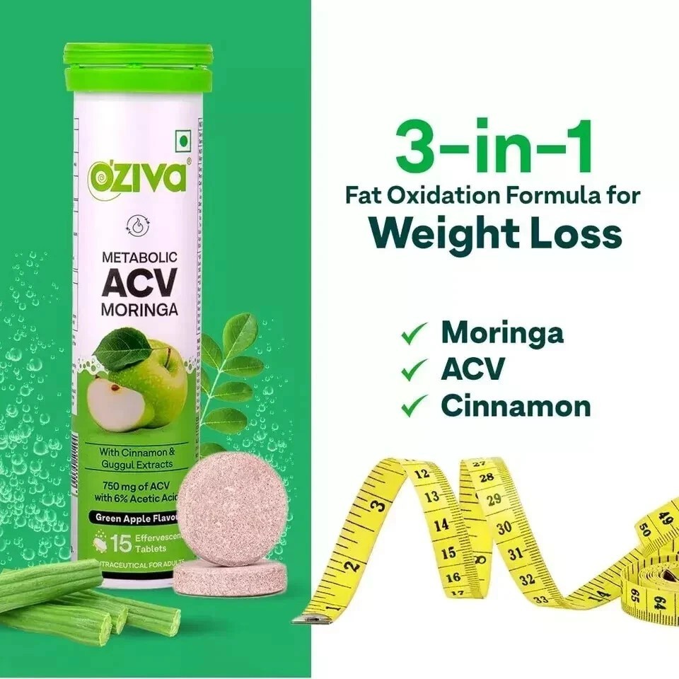 OZiva ACV Moringa | Control Cravings No Added Sugar I 15 Effervescent Tablet 8pc