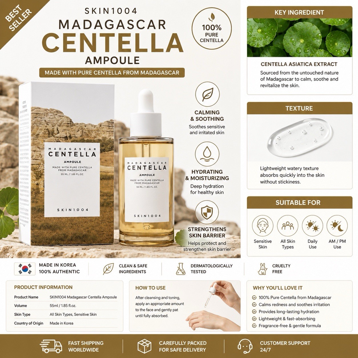 SKIN1004 Madagascar Centella Ampoule 55ml Sensitive Skin Hydrating Serum K-Beaut