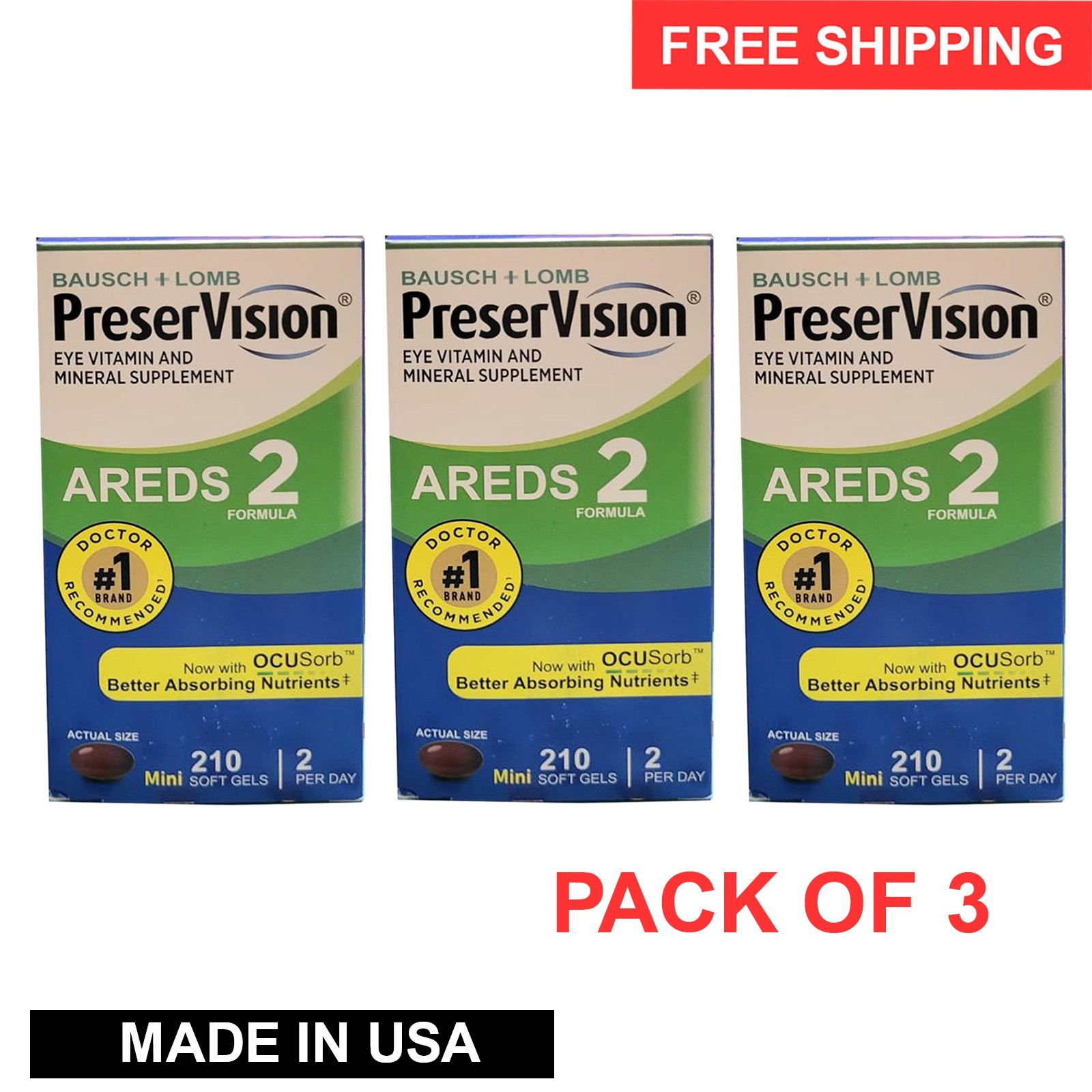 3-Pack – PreserVision AREDS 2 Eye Vitamins Mini Soft Gels 210 Ct – Exp–12/2028