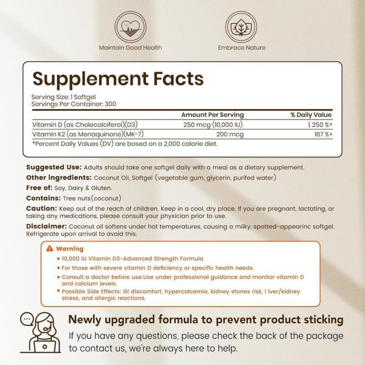 VEV Vitamin D3 K2 MK7 Softgels,10000IU D3 +200mcg K2 with Coconut Oil,300 Count