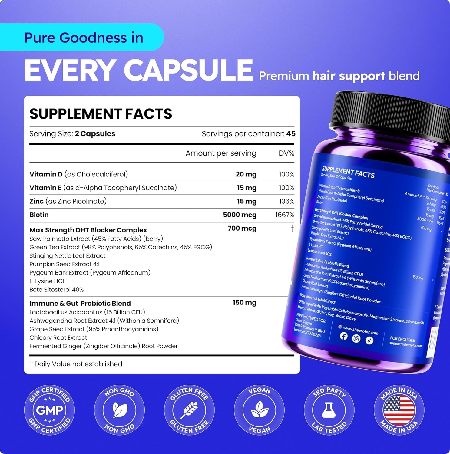 DHT BLOCKER 5000mcg Biotin + Saw Palmetto / Immune & Gut Probiotic Blend 90C