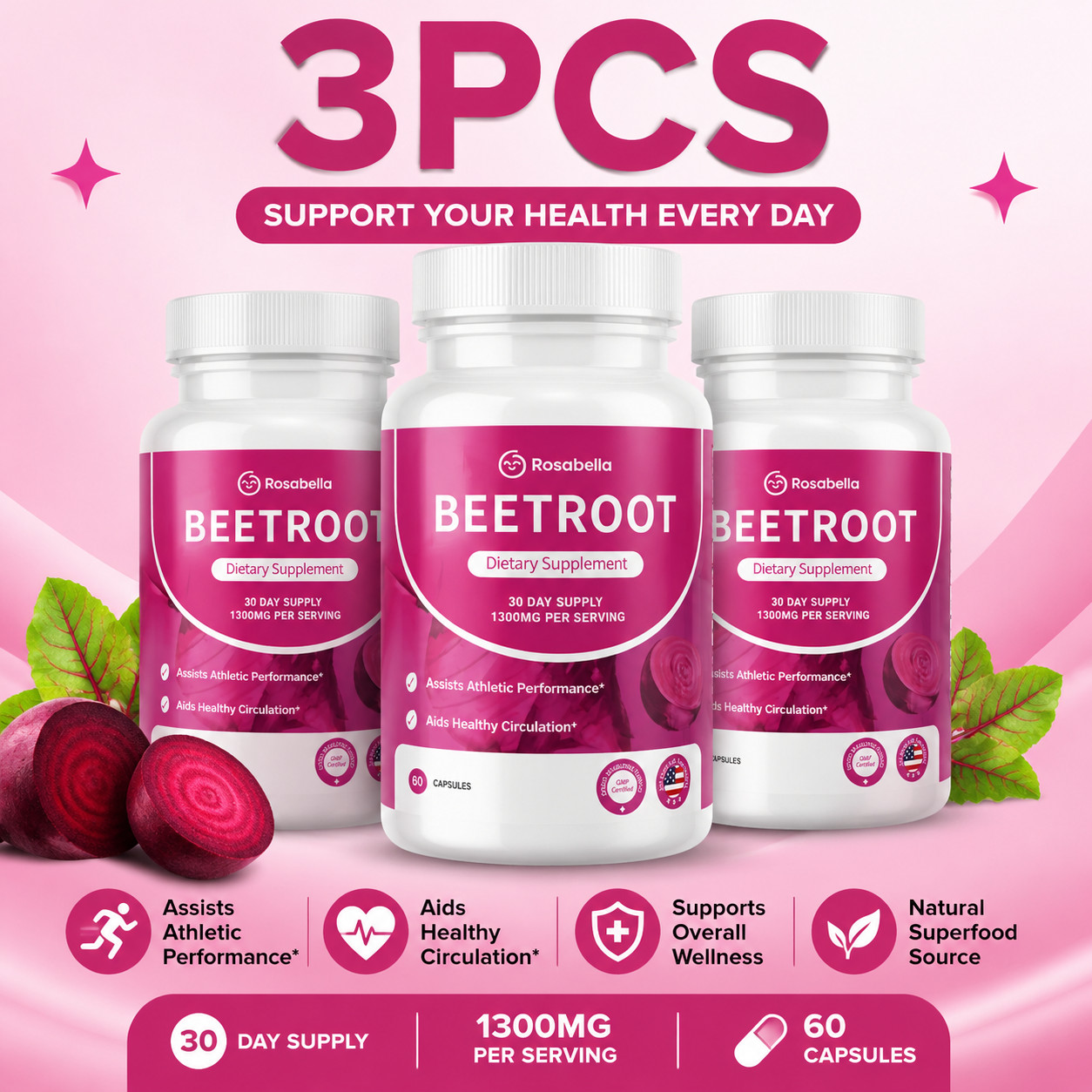 3X Rosabella Organic Beet Root 60 Capsules Natural Energy Boost Blood Pressure