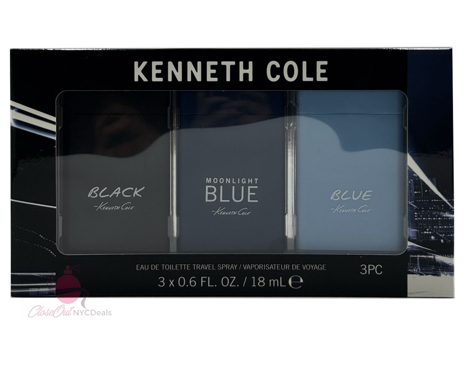 Kenneth Cole Cologne Travel Spray 0.6 oz 3 pc Set -Black+Moonlight Blue+Blue