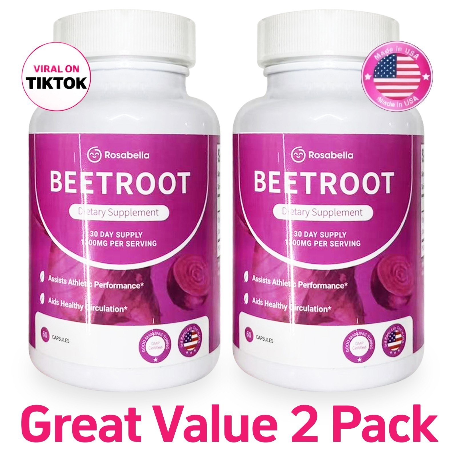 3PCS Rosabella Organic Beet Root 60 Capsules Natural Energy Boost Blood Pressure