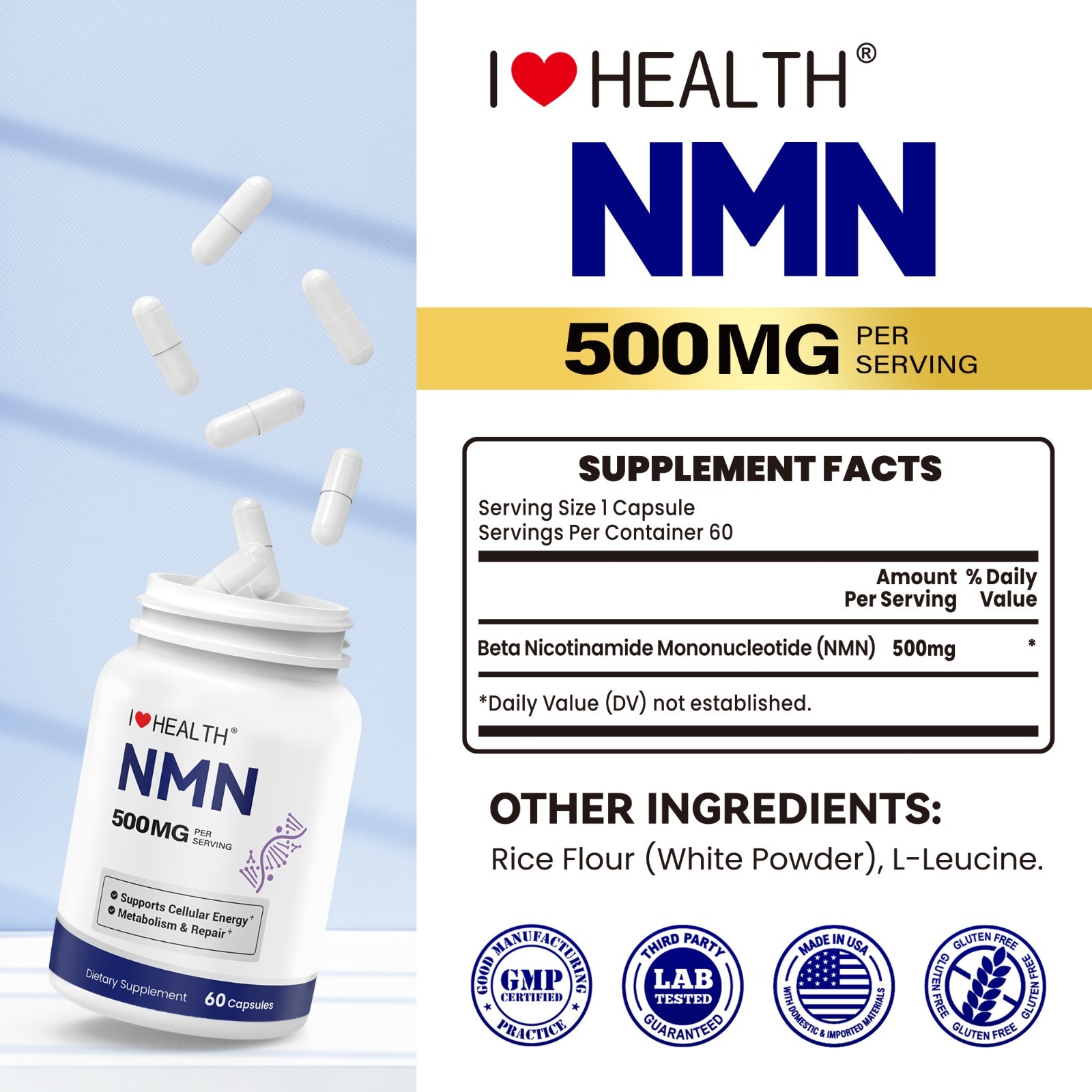 NMN 500mg 60 Capsules – Extra Strength NAD+ Booster Dietary Supplement