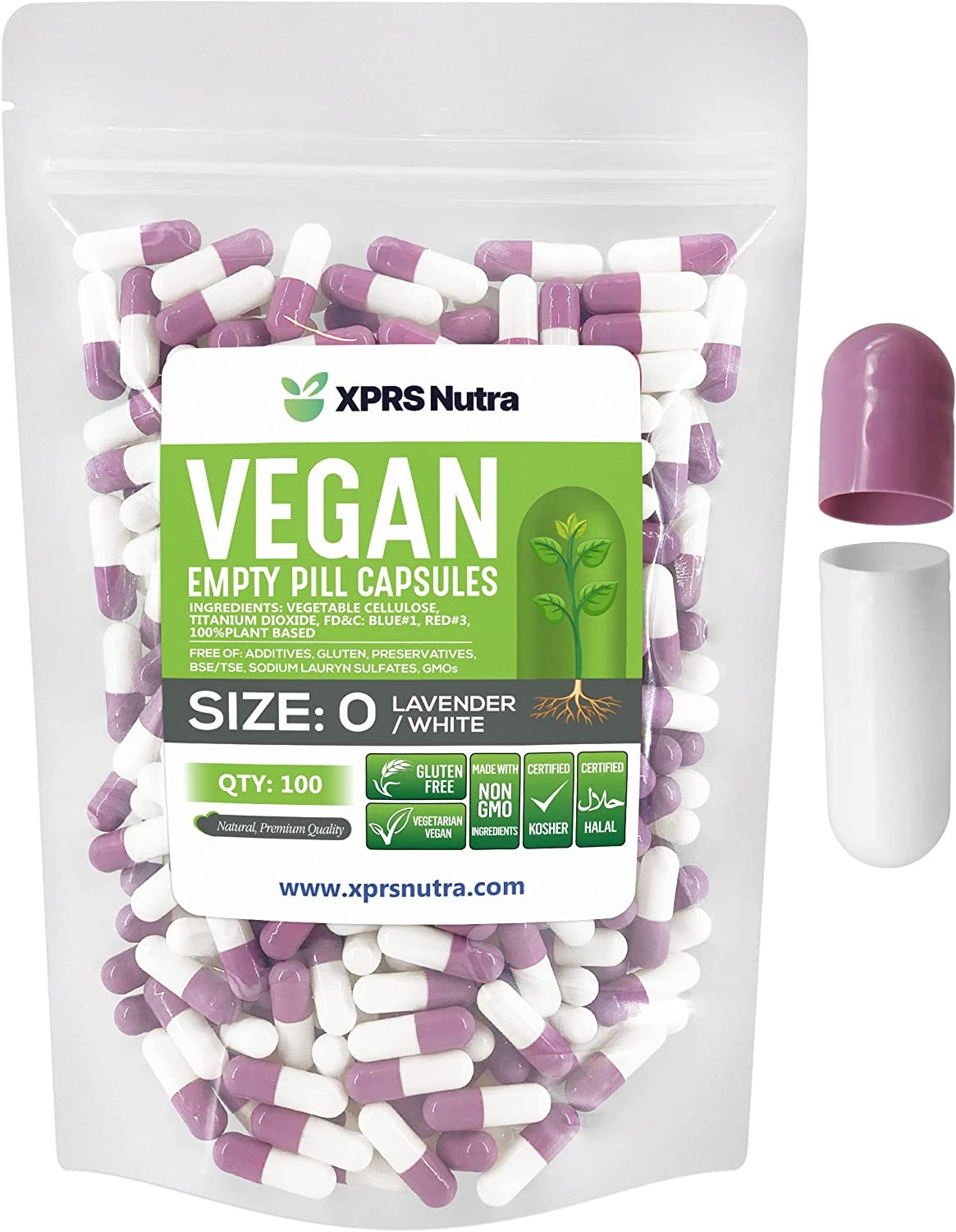 Size 0 Lavender/White Empty Vegan Capsules Vegetarian Veggie Kosher Caps Pills