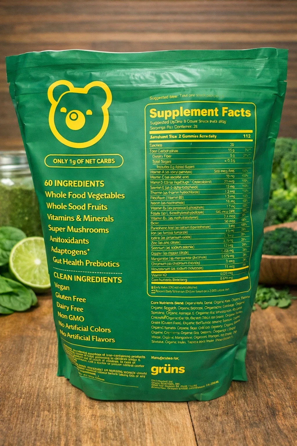 Gruns Adults Super Greens Gummies Bears NO SUGAR Superfood