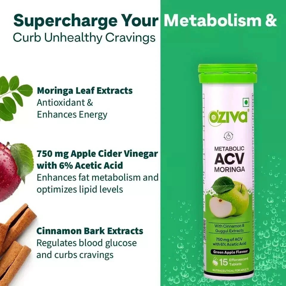 OZiva ACV Moringa | Control Cravings No Added Sugar I 15 Effervescent Tablet 8pc