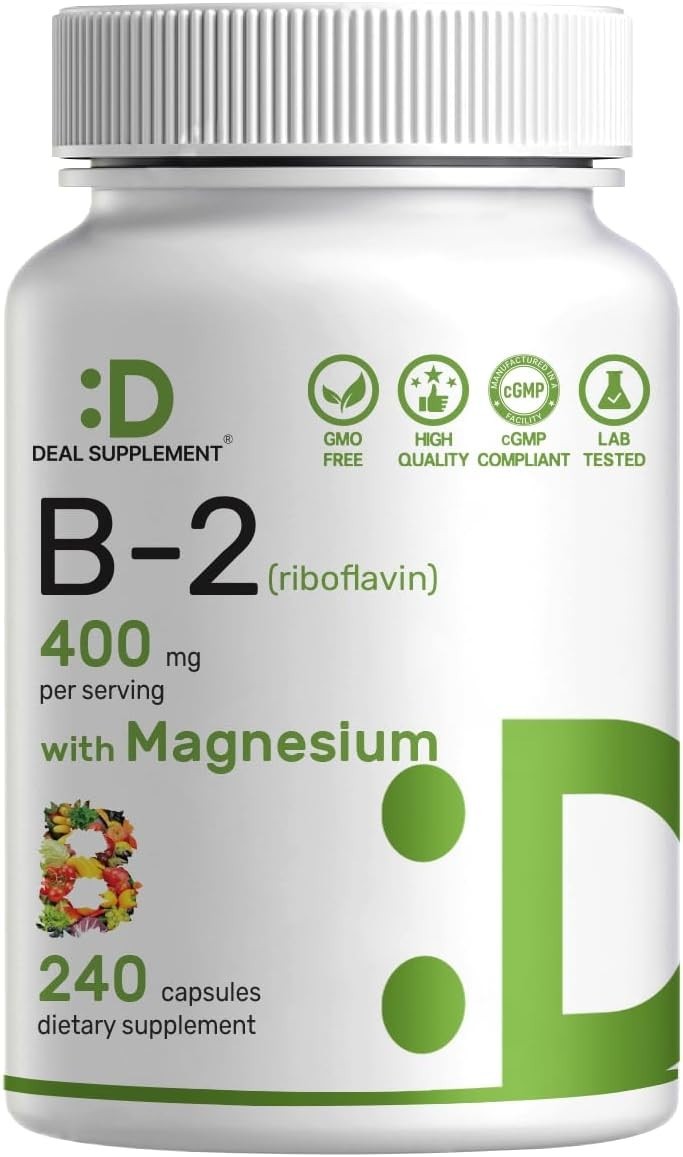 Vitamin B2 Riboflavin 400mg Magnesium Glycinate 240 Capsules Non GMO