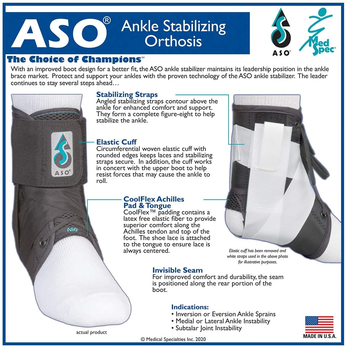 US Stock Med Spec ASO Ankle Stabilizer Black Size Small Mdeium Large Brand new