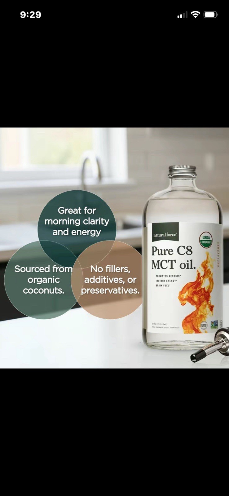 Natural Force Pure C8 MCT Oil Unflavored USDA Organic Non-GMO 16 fl oz
