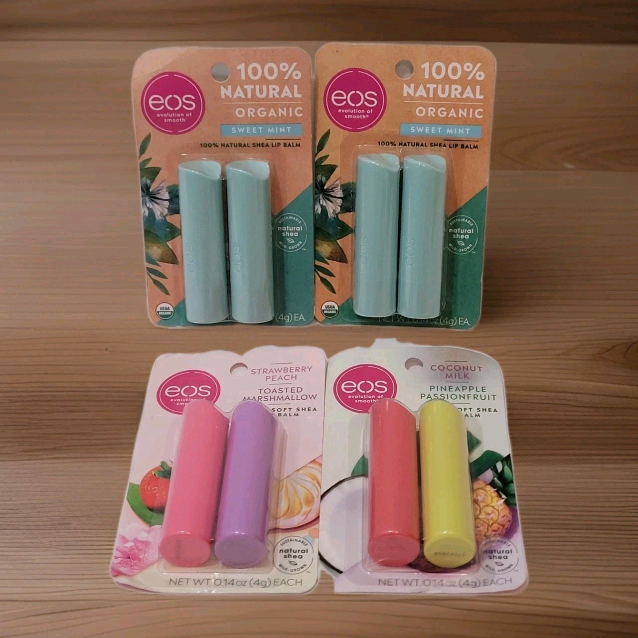 4 2 Packs Eos Organic Lip Balm Mint, Pineapple, Marshmallow, Strawberry Peach
