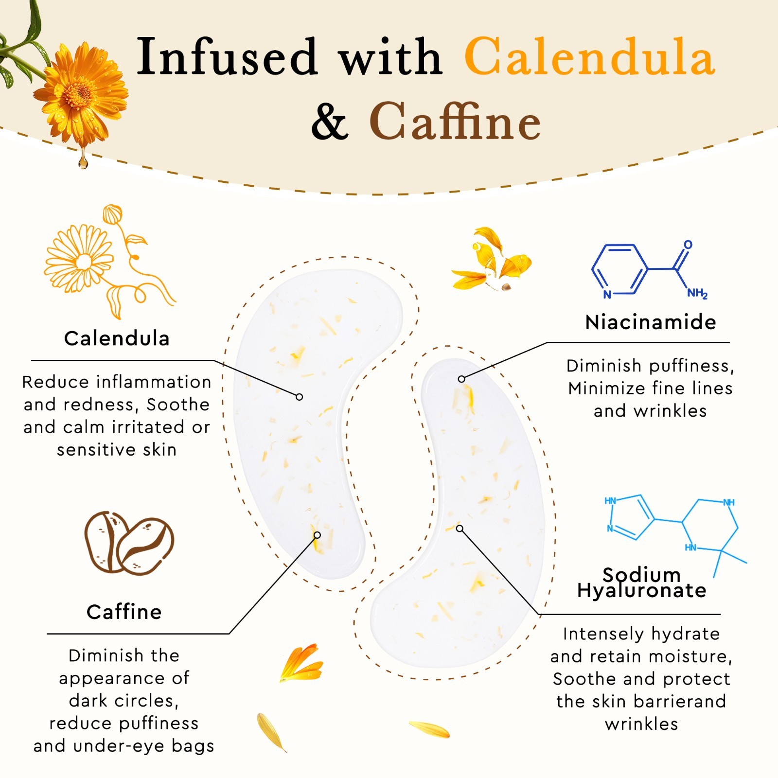 30 Pairs Calendula Caffeine Under Eye Patches Dark Circles Puffiness Mask