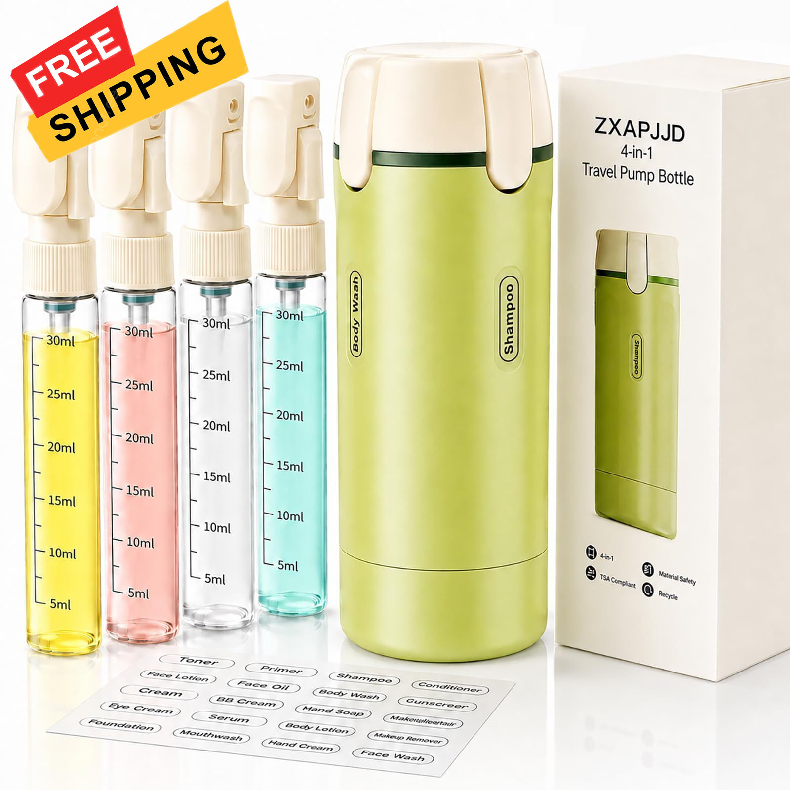 ZXAPJJD 4 in 1 Travel Dispenser Bottle, Leakproof 30 milliliters, green