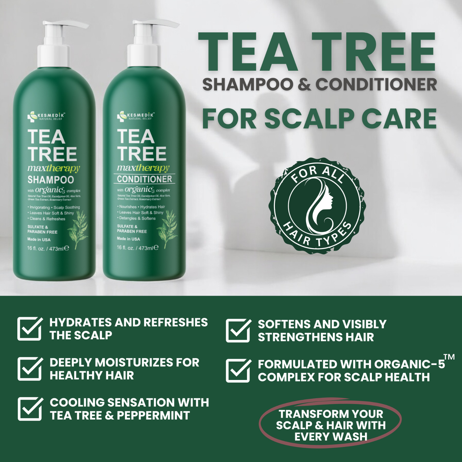 Kesmedik Tea Tree Shampoo & Conditioner Set, Soothes Dry Scalp, Organic-5, 16 oz