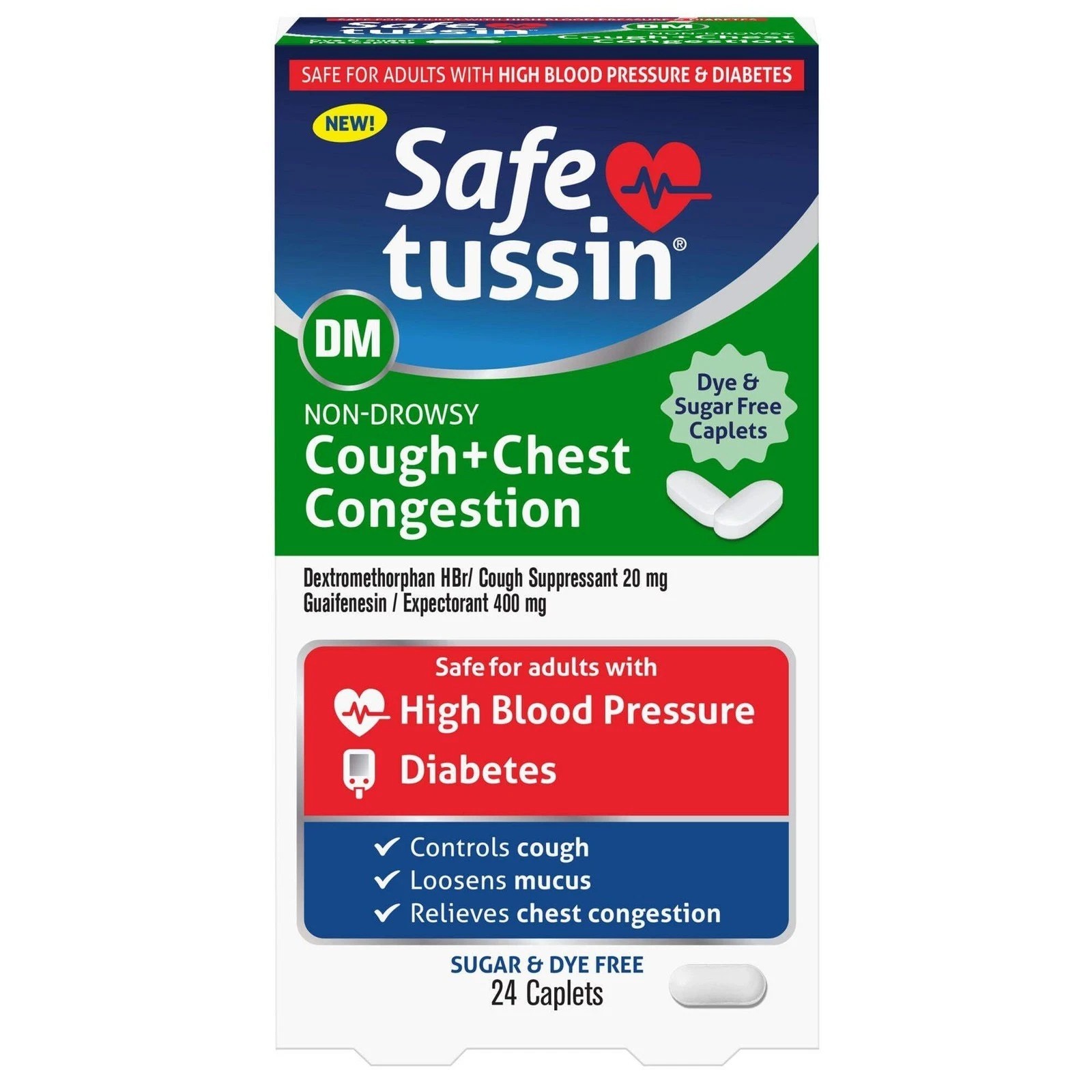 Safe Tussin DM non-drowsy COUGH + CHEST CONGESTION 24 caplets NIB 10/2027