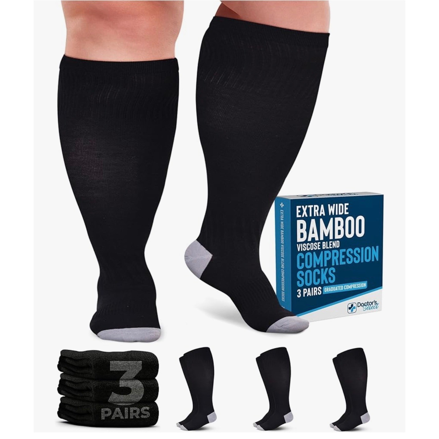 Doctor’s Select 3 Pairs Extra Wide Bamboo Viscose Compression Socks Black Grey