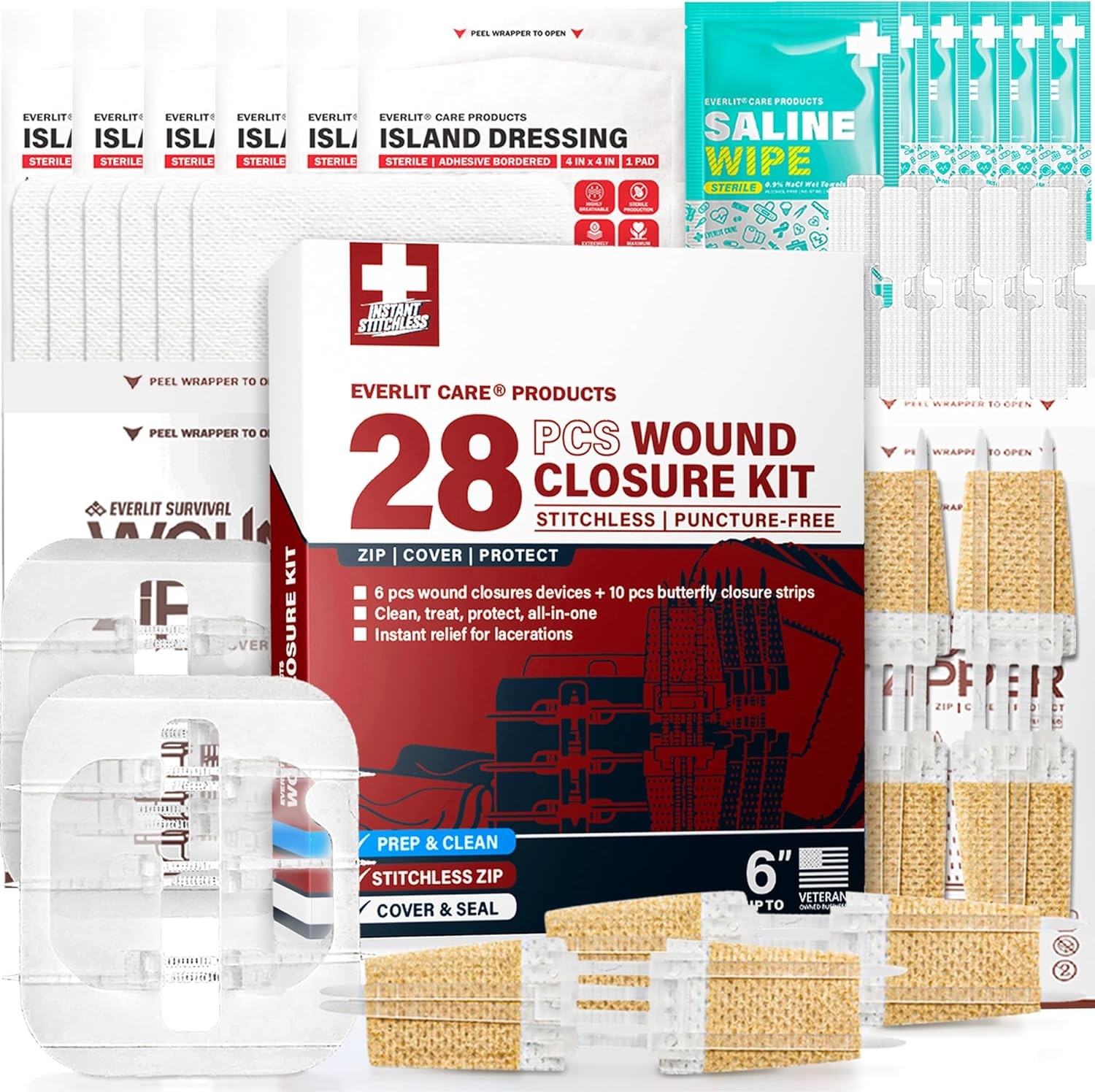 Wound Closure Kit | 28 Pcs All-in-One First Aid with Suture-Free, Stitchless Zip