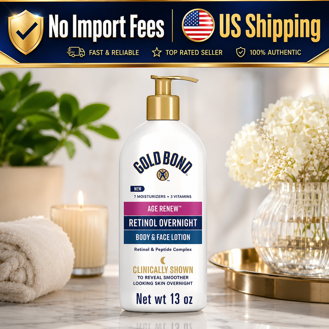 Gold Bond Age Renew Retinol Overnight Body & Face Lotion 13 Oz Anti Aging