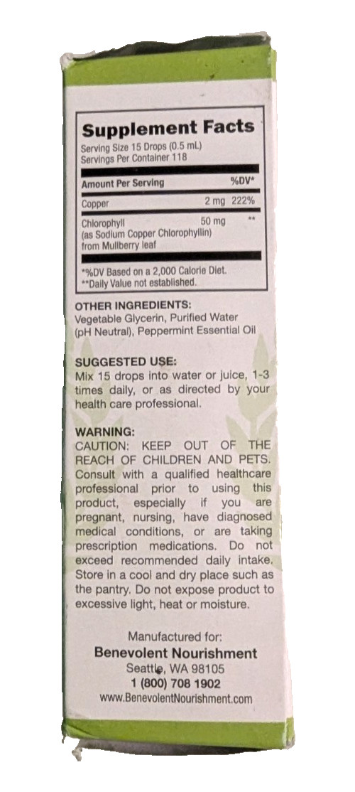 Benevolent Chlorophyll Liquid Drops Supplement 2 FL OZ (59mL) Best By April 2027
