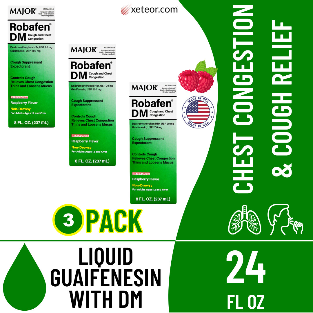 Major Robafen DM Cough Raspberry Flavor Syrup – 8 Fl Oz | Robitussin DM (3 Pack)