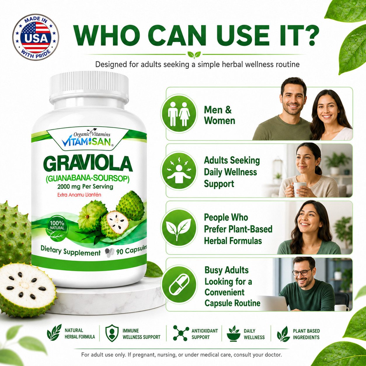 Soursop GRAVIOLA EXTRACT 2000 mg 45days Guanabana Annona Antioxidant 90 capsules