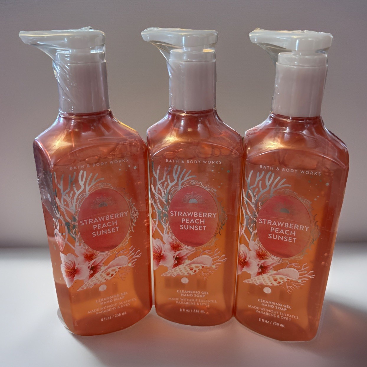 3 X STRAWBERRY PEACH SUNSET CLEANSING GEL HAND SOAP BATH BODY WORKS