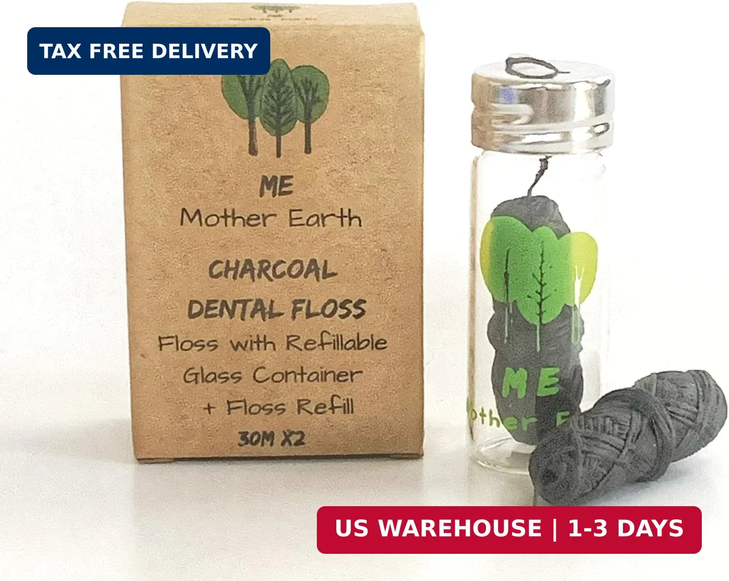 Vegan Biodegradable Bamboo Charcoal Dental Floss with Refillable Glass Container