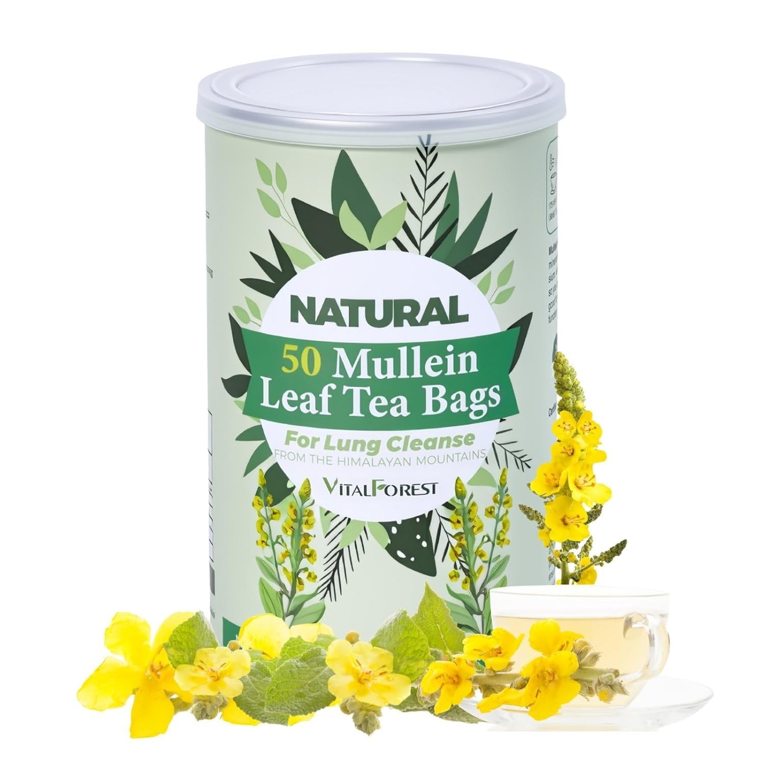 50 Mullein Tea Bags for Lungs, VitalForest 100% Pure Mullein Leave Tea.