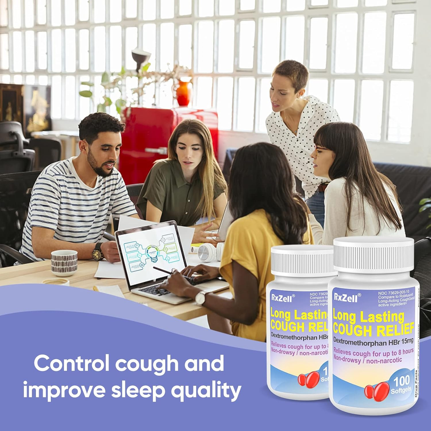 RXZELL Adult Cough Relief, Dextromethorphan Hbr 15Mg (100 Softgels), 8 Hour Long