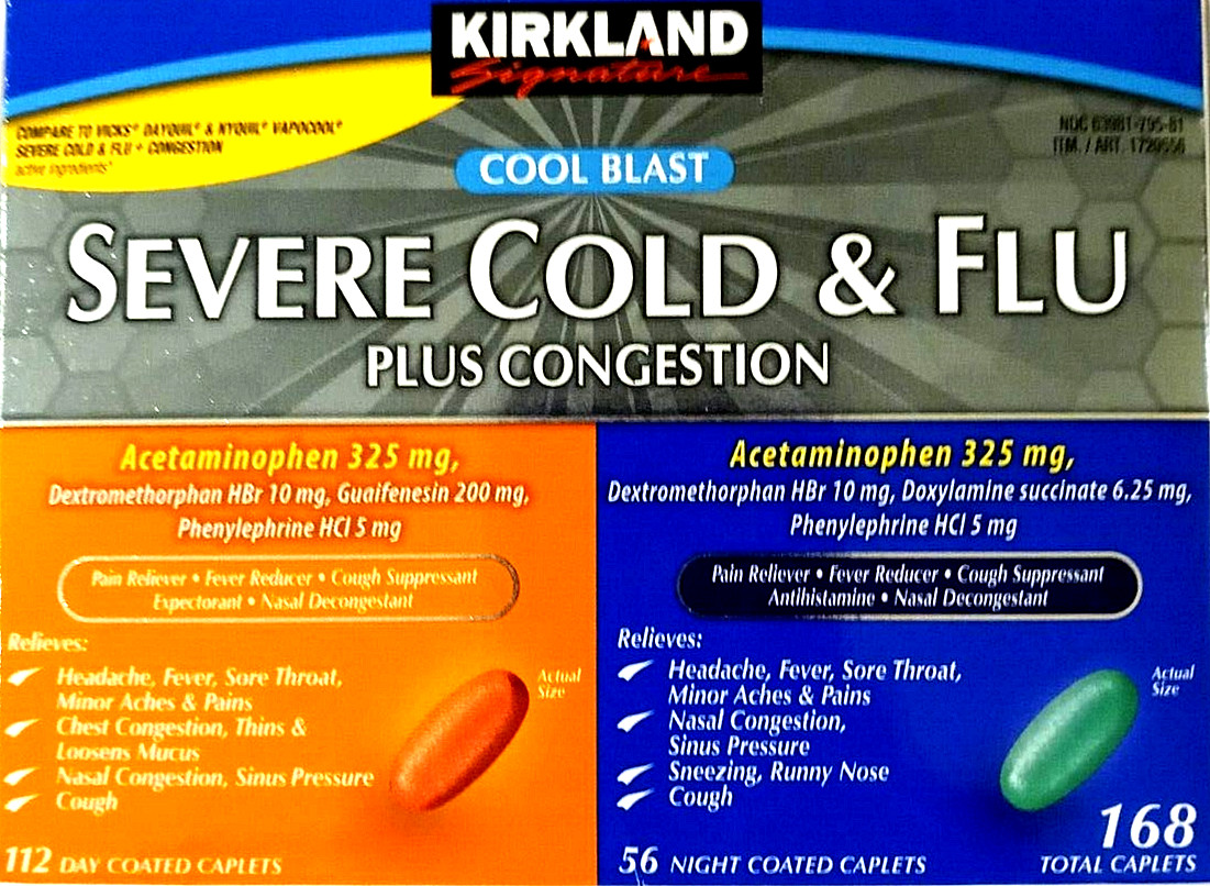 Kirkland Signature Severe Cold & Flu Plus Congestion 168 caplets EXP 04/2026
